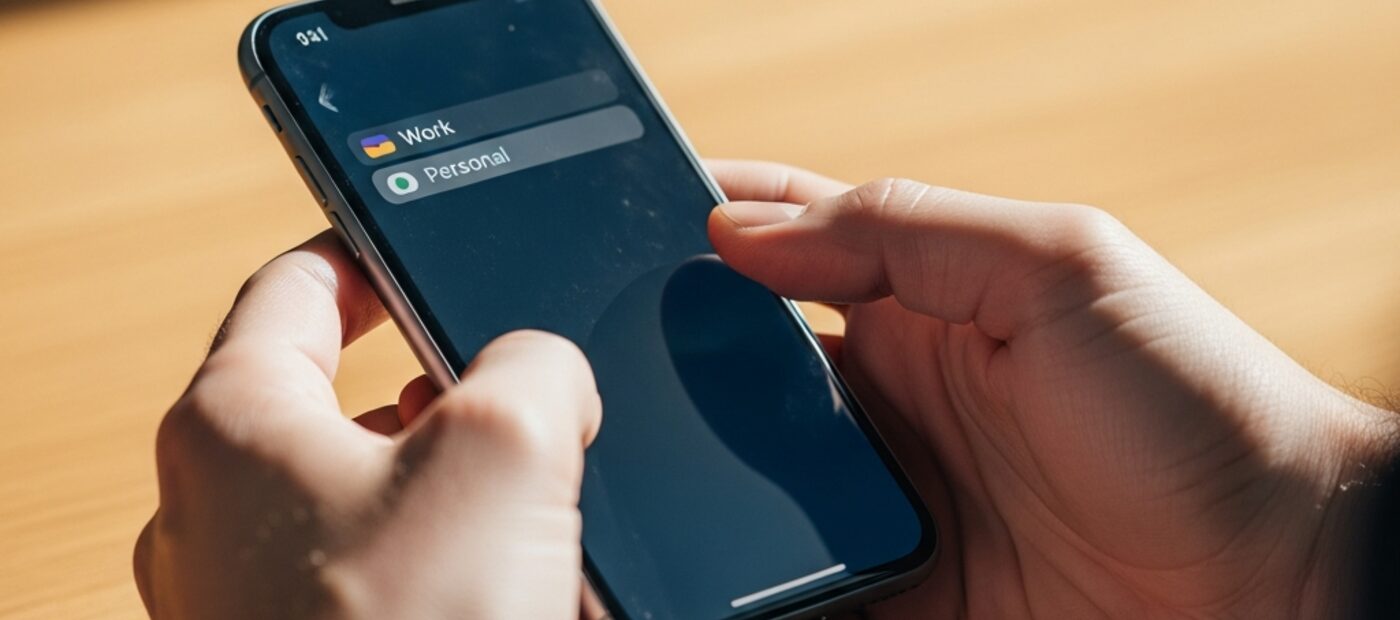 Close-up of hands holding a modern iPhone with two carrier lines shown in the status bar, illustrating UK business dual-line eSIM use on iPhone