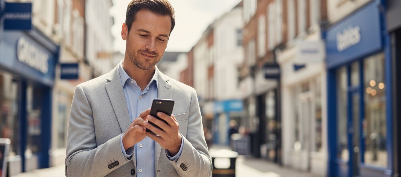 UK small business owner reviewing a mobile plan on a smartphone, illustrating business choice after the VodafoneThree merger