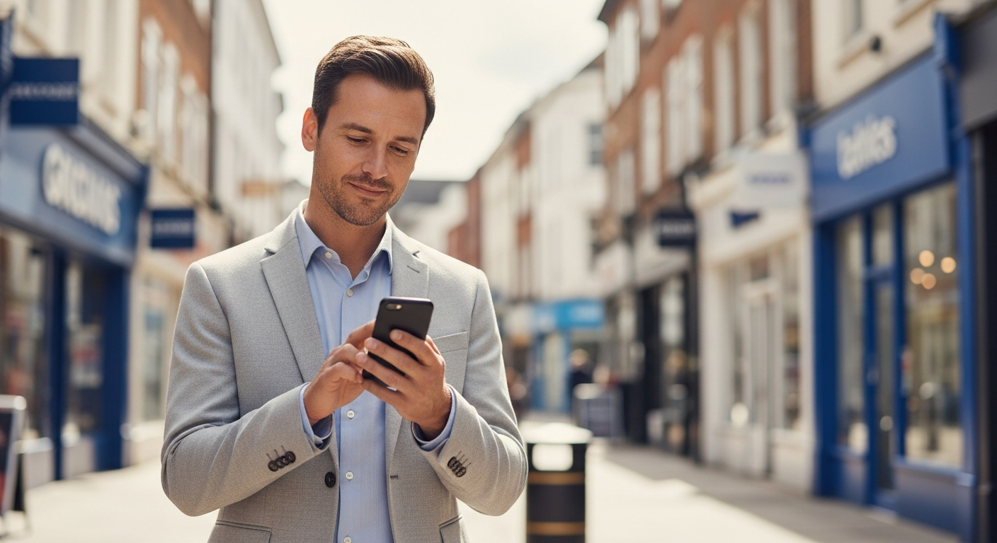UK small business owner reviewing a mobile plan on a smartphone, illustrating business choice after the VodafoneThree merger
