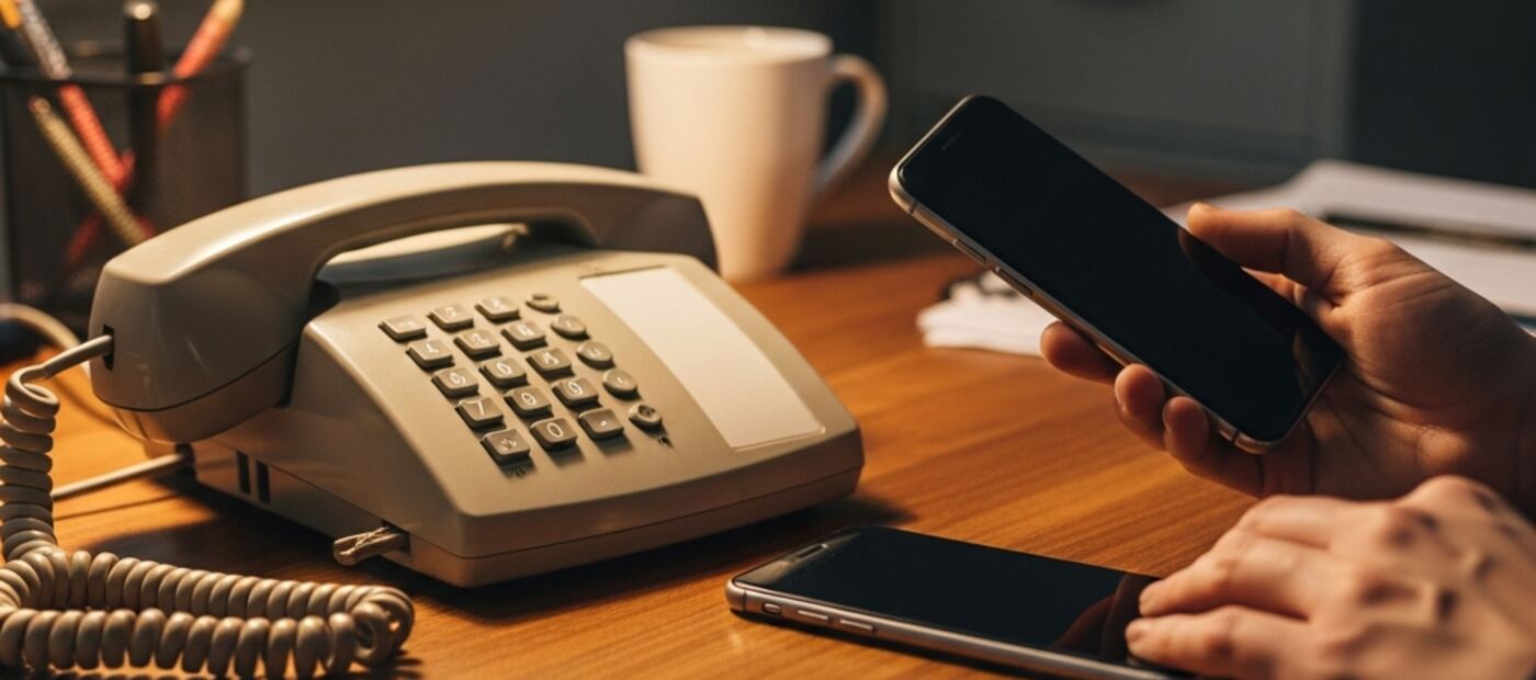 UK small business owner placing a smartphone next to an unplugged corded desk phone, illustrating the migration from copper PSTN landlines to mobile or VoIP